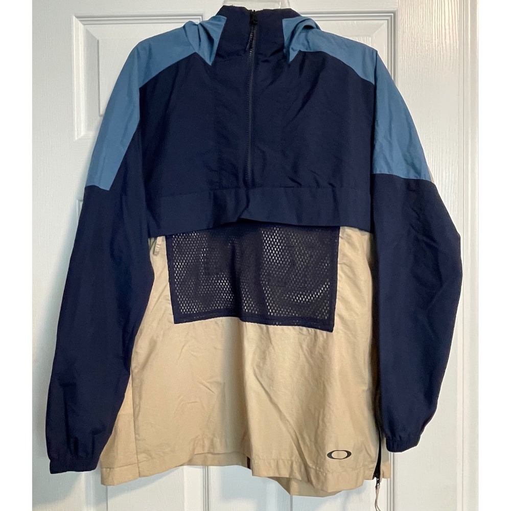 Oakley‎ Mens Performance Fit Half Zip Windbreaker Hooded Jacket Navy Tan Small